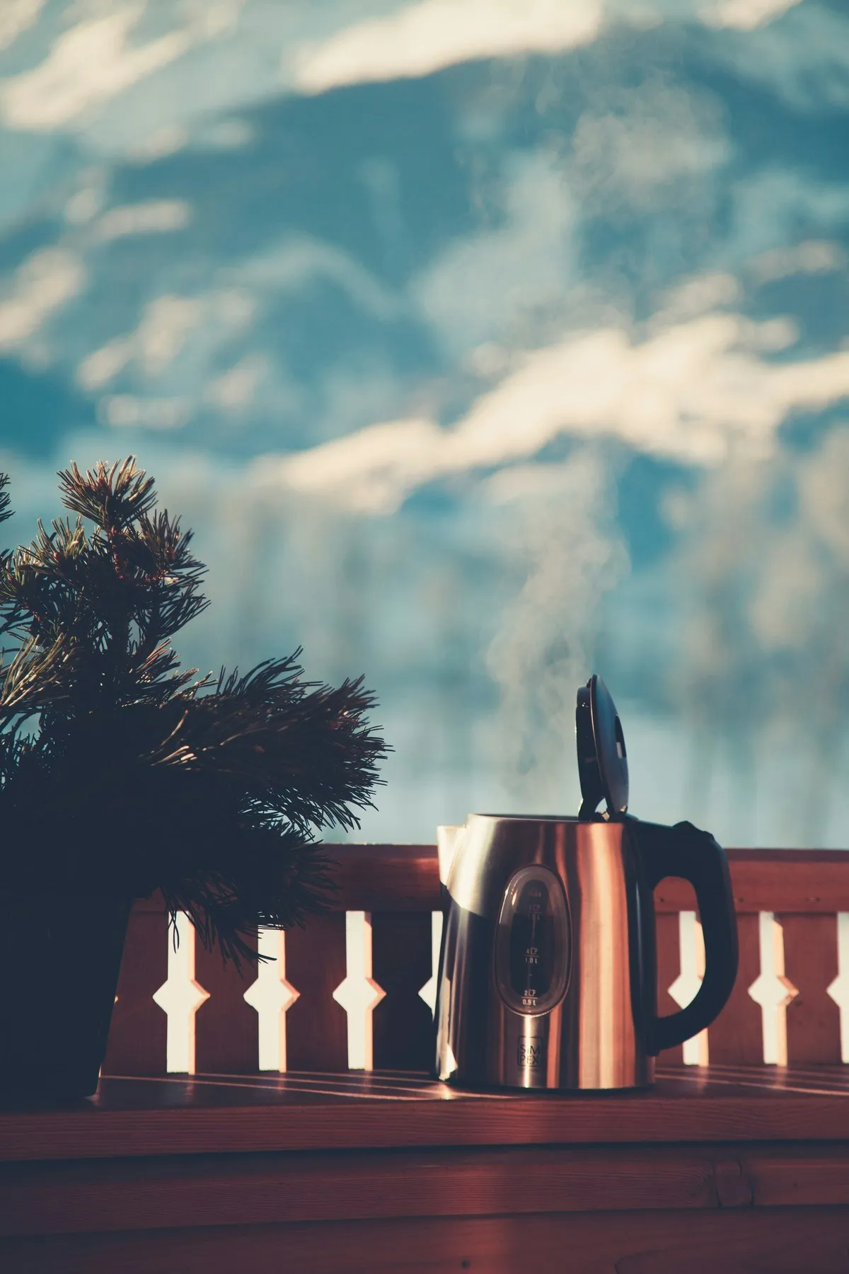 Steam rising from a copper kettle outdoors in front of pine trees