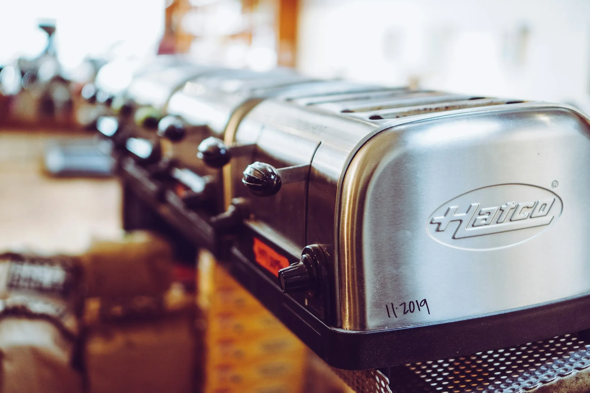 A row of chrome toasters